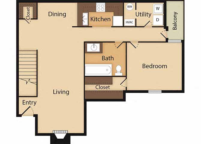 Floor plan for 1 bed, 1 bath, 1021 sqft